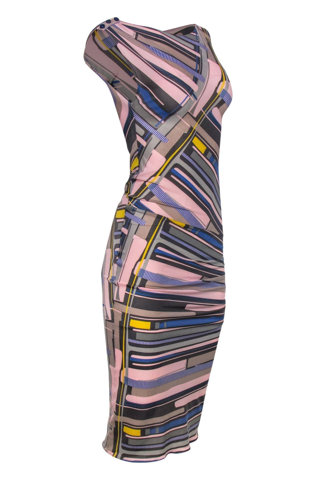 Chanel - Pink, Grey & Blue Abstract Print Sleeveless Ruched Maxi Dress Sz 8