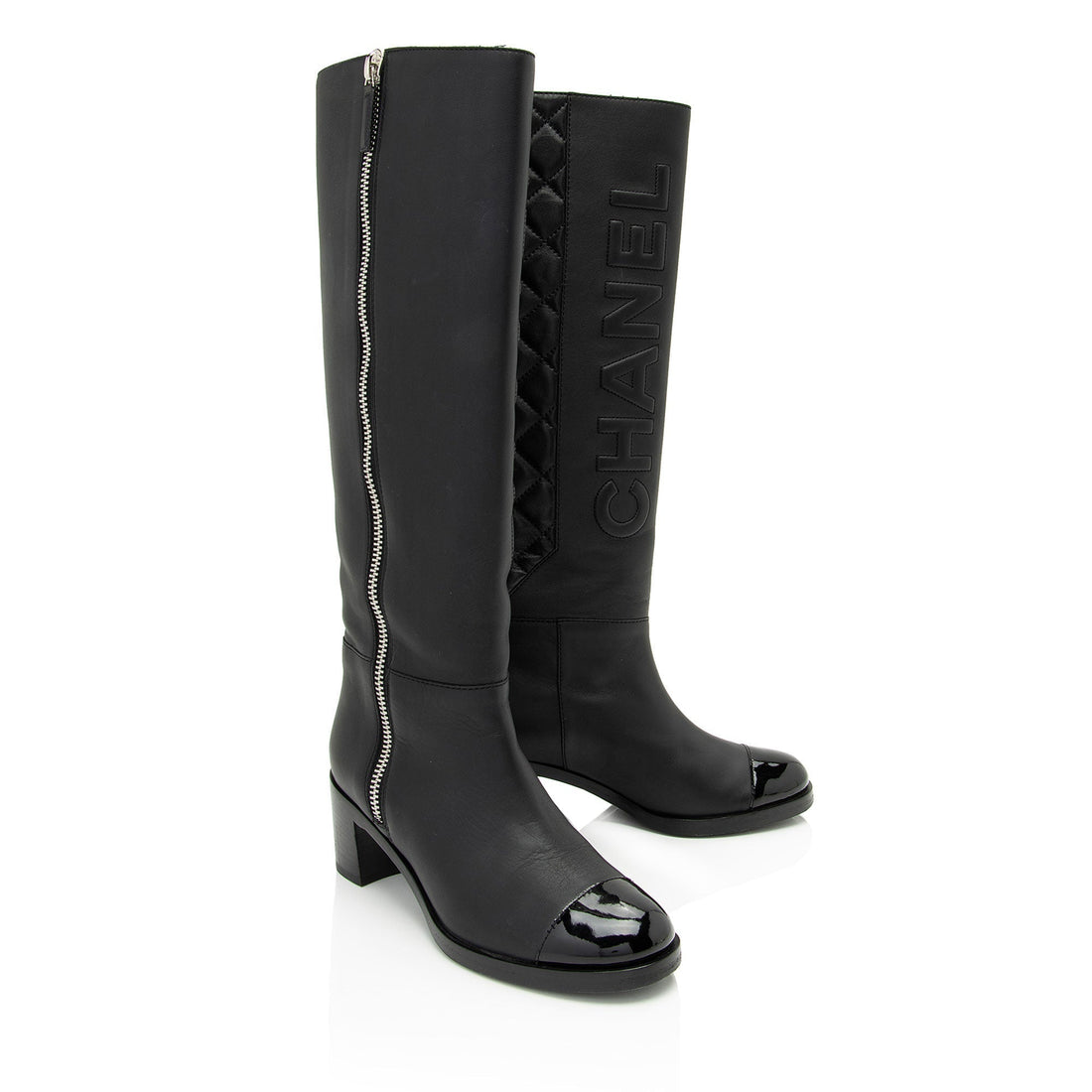 Chanel Quilted CalBNkin Patent Leather Cap Toe Logo Boots - Size 7 / 37 (SHF-1bljRC)