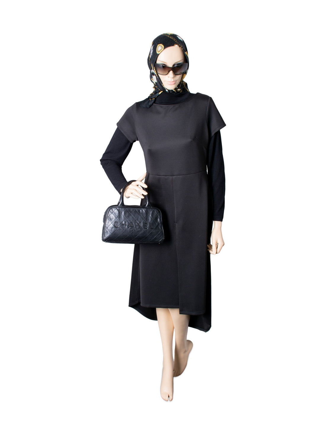 Chanel Quilted Caviar Mini Bowler Logo Bag Black