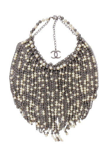 Chanel - Silver Chain & Faux Pearl Large Fringe Necklace