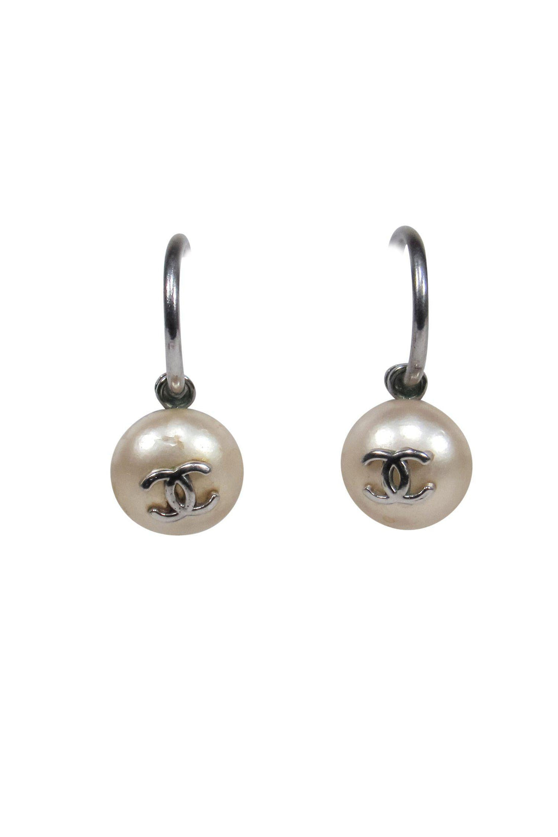 Chanel - Silver & Faux Pearl Open Hoop Earrings