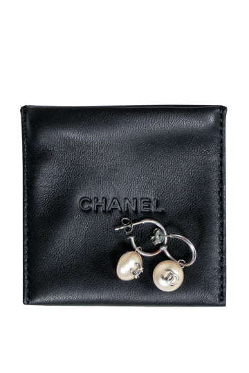 Chanel - Silver & Faux Pearl Open Hoop Earrings