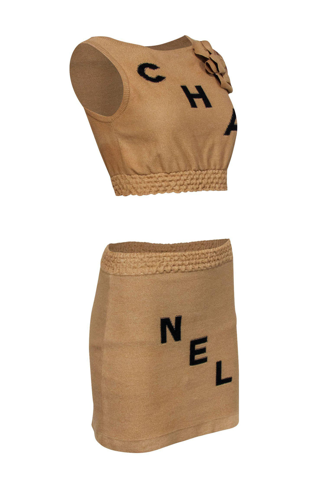 Chanel - Tan Knit  Chanel Logo Tank & Skirt Set w/ Rosette Sz 4