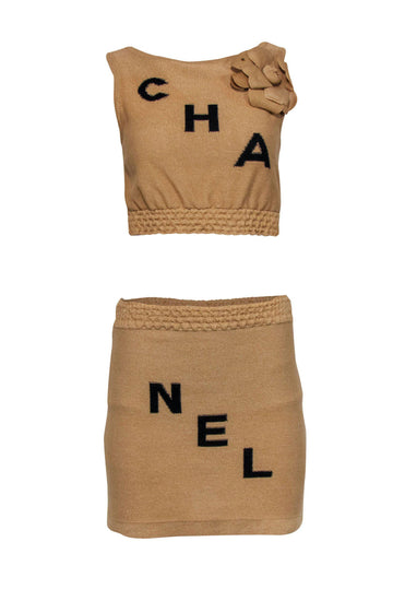 Chanel - Tan Knit  Chanel Logo Tank & Skirt Set w/ Rosette Sz 4