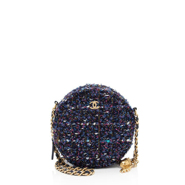 Pearl Street Bags Chanel Tweed CC Round Clutch with Chain (SHF-0db1M1)