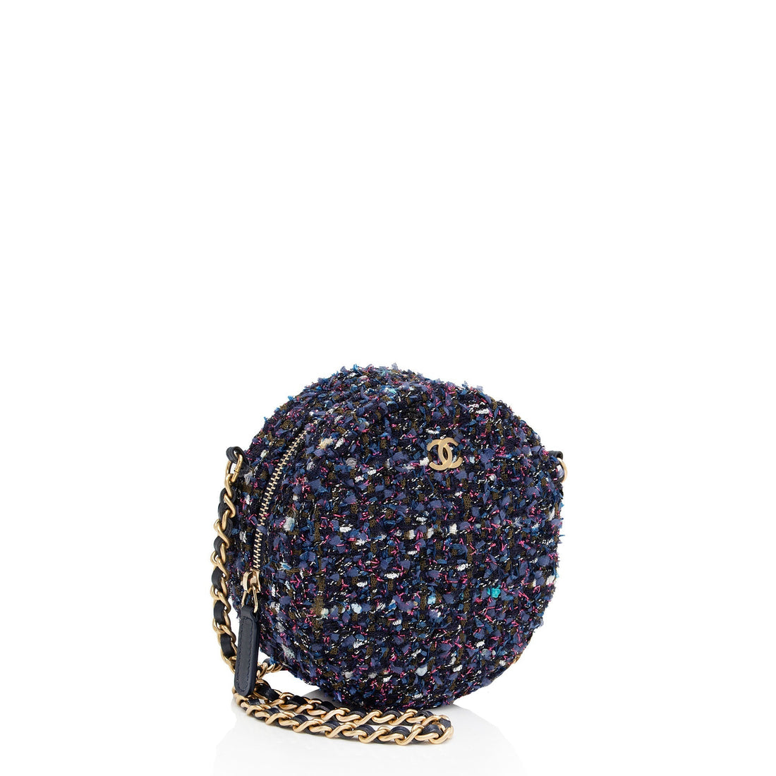 Pearl Street Bags Chanel Tweed CC Round Clutch with Chain (SHF-0db1M1)