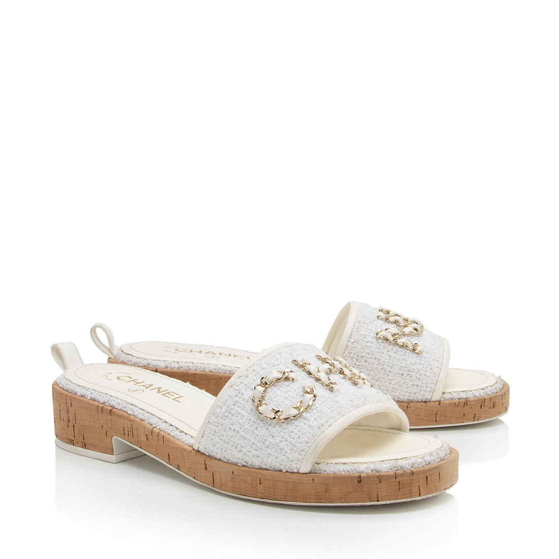 Pearl Street Bags Chanel Tweed Cork CC Chain Slide Sandals - Size 9.5 / 39.5 (SHF-76Whqj)