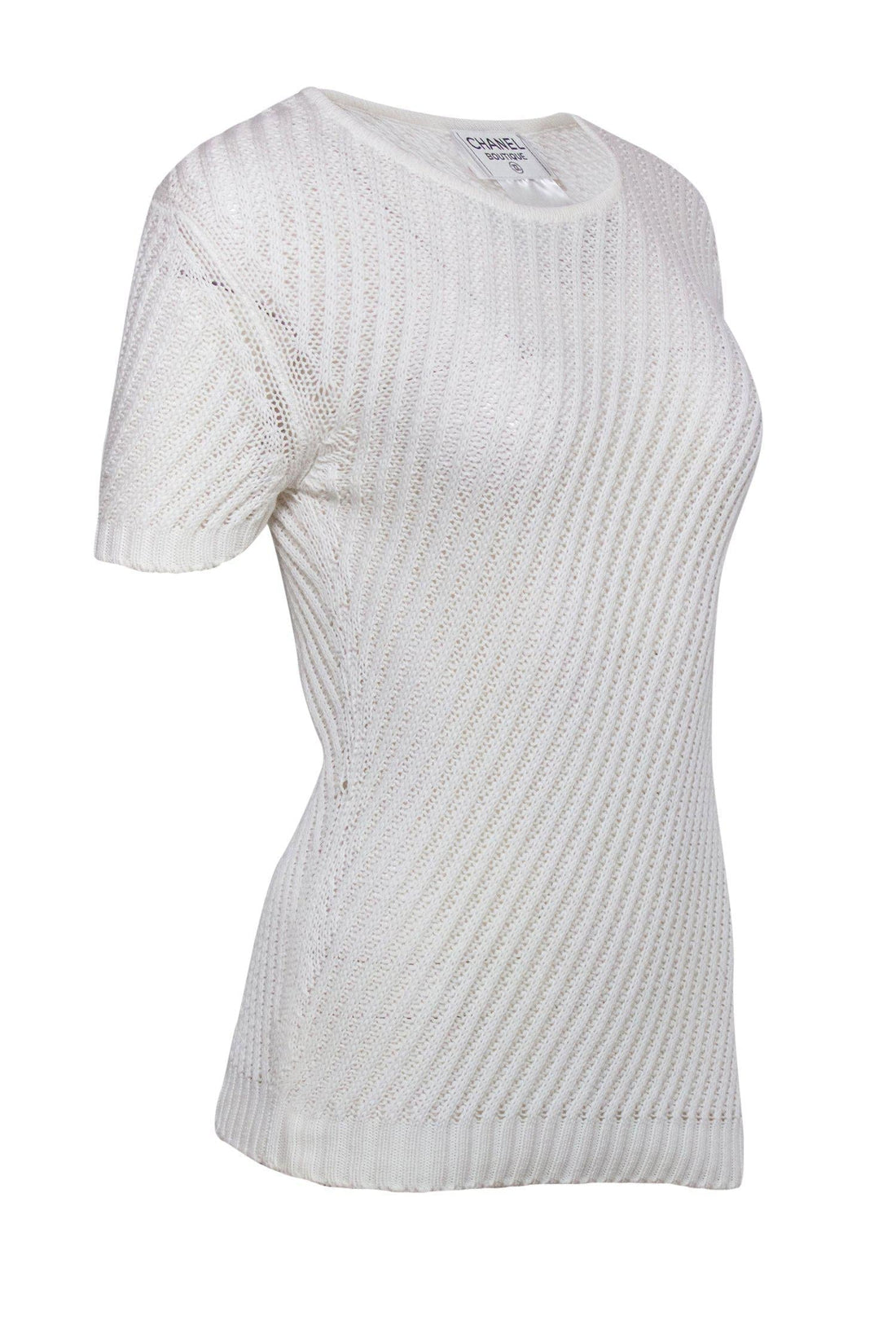 Chanel - White Loose Knit Short Sleeve Sweater Sz 8