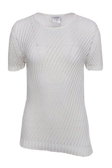 Chanel - White Loose Knit Short Sleeve Sweater Sz 8
