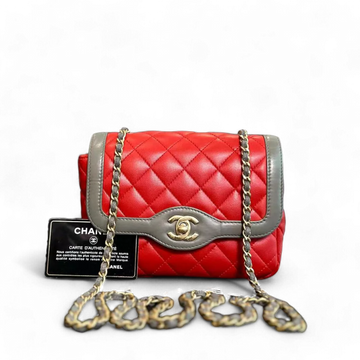 Chanel Seasonal Flap - Two Tone Quilted Lambskin Red Grey Golden Hardware Series 23