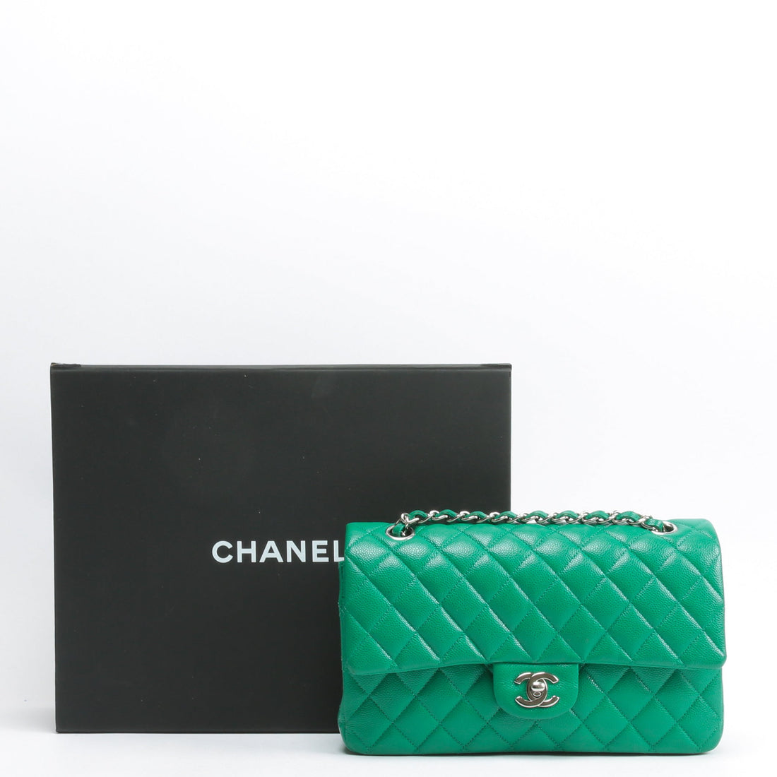 CHANEL Double Flap Medium Quilted Caviar Emerald Green