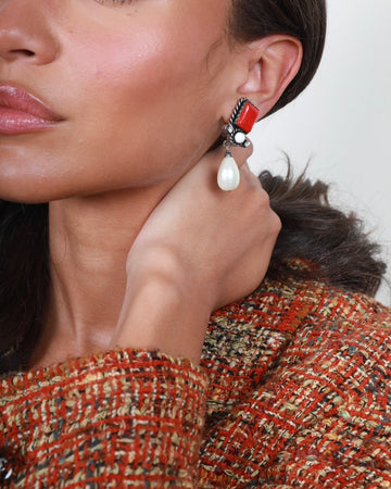 Pearl Street Bags Chanel Silver  96P Red, Crystal Pearl Drop Detail Clip-On Earrings