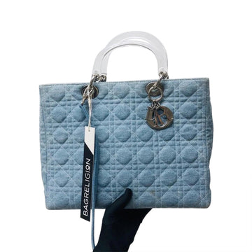 Lady Dior Large  Denim Quilted Cannage tote with strap and acrylic handle GHW