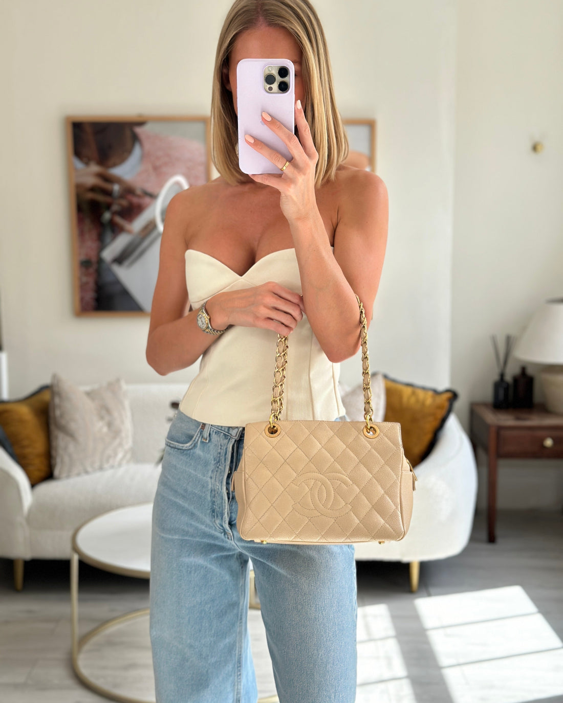 *RARE* Pearl Street Bags Chanel  Mini Beige GST Shopper Tote Bag in Caviar Leather with Gold Hardware
