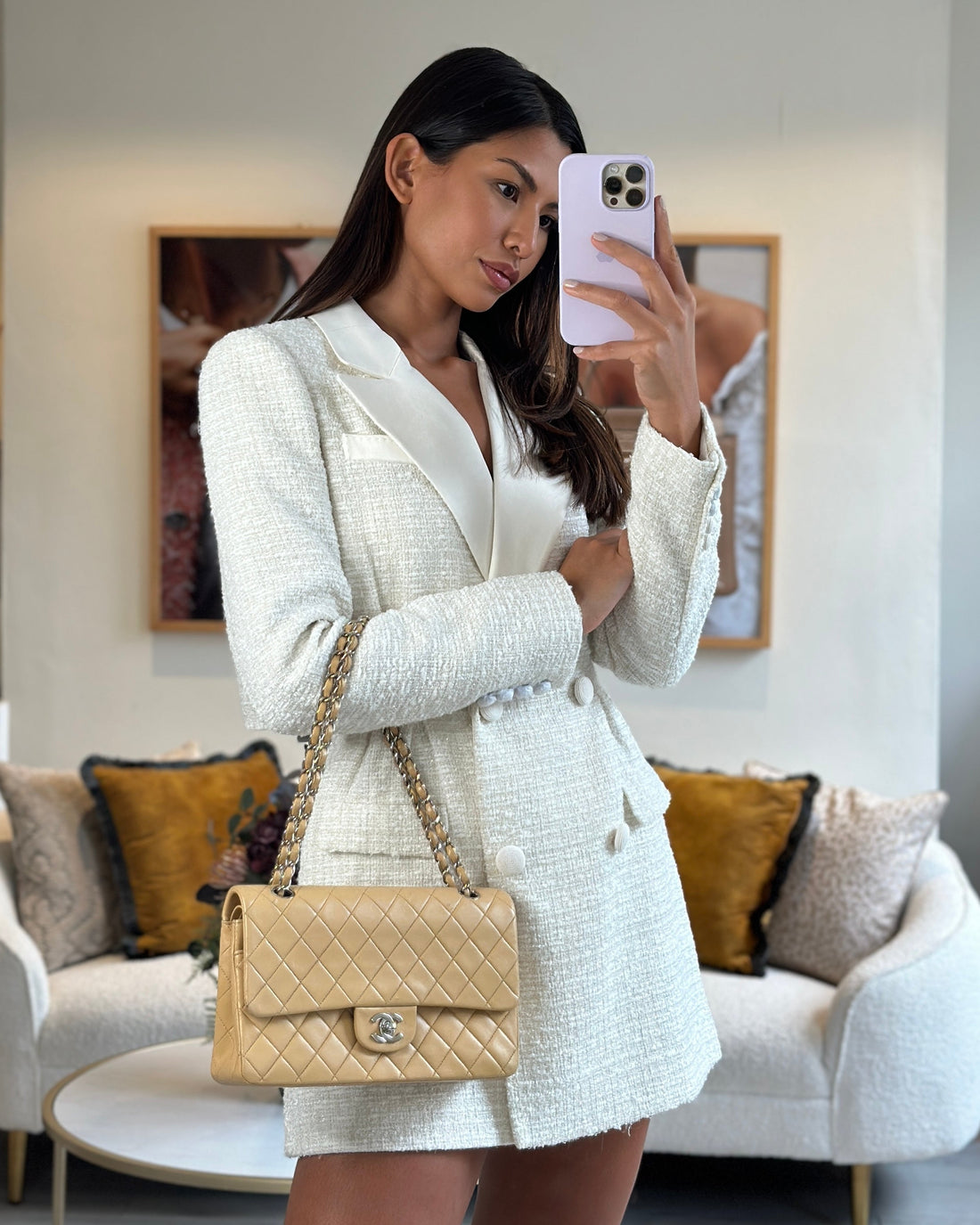 Pearl Street Bags Chanel  Beige Classic Medium Double Flap Bag in Lambskin Leather with Silver Hardware