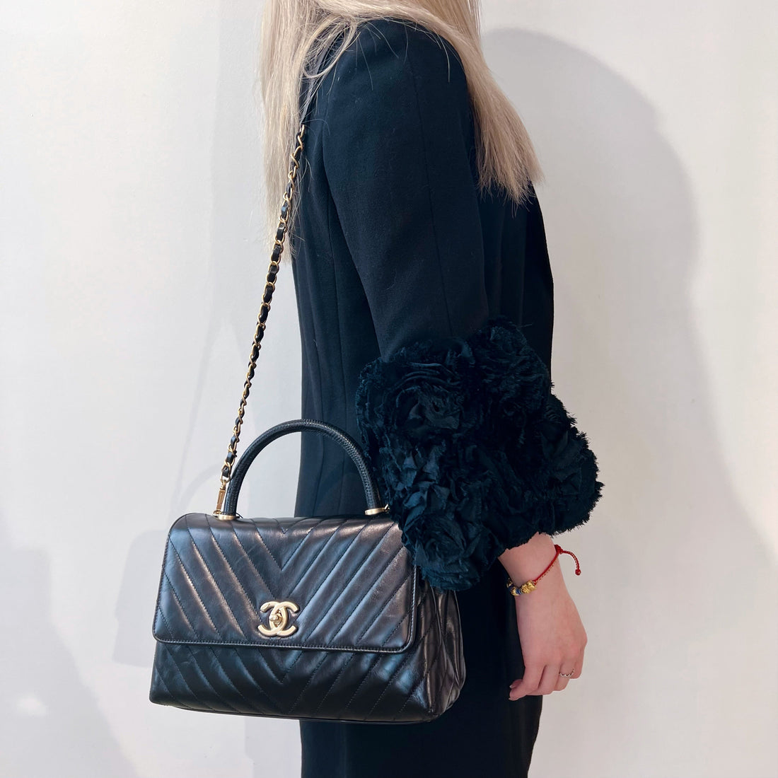 Chanel Black Chevron Quilted Calfskin Leather and Lizard Coco Handle Bag