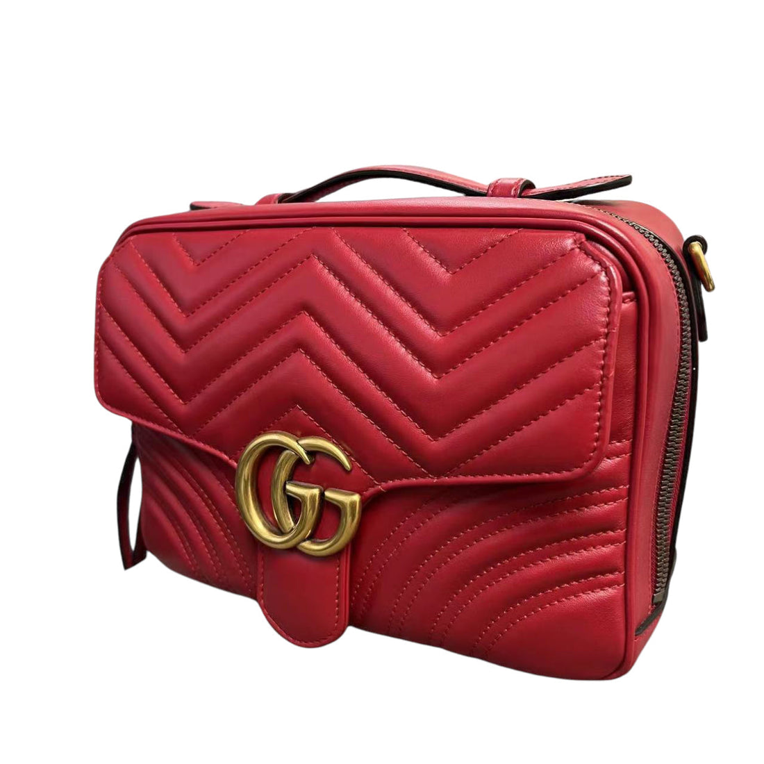 Gucci Medium GG Marmont Matelasse Chevron Top Handle Red GHW