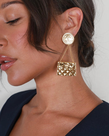 Top Quality Chanel  Gold Matelasse Bag and CC Logo Coin Clip-On Earrings