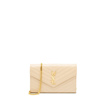 Saint Laurent Cassandre Matelasse Chain Wallet Grained CalBNkin Beige GHW