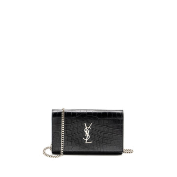 SAINT LAURENT / YSL Classic Chain Wallet Croc-Embossed CalBNkin Black SHW