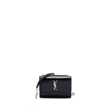 Saint Laurent/YSL Mini Sunset Bag Crocodile-Embossed CalBNkin Navy SHW