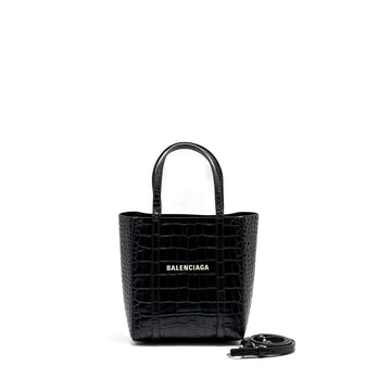 Balenciaga XXS Everyday Tote Bag Croc-Embossed CalBNkin Black SHW