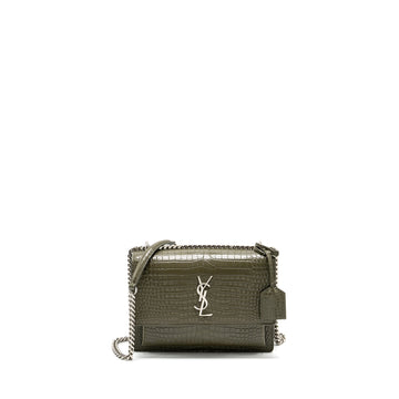Saint Laurent/YSL Sunset Bag Croc-Embossed CalBNkin Khaki SHW