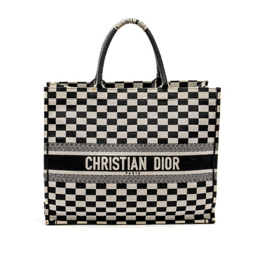 Top quality Dior Large Book Tote White Checkered Embroidered Canvas Black / White
