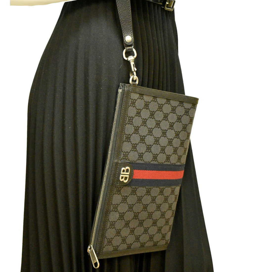 Balenciaga X Gucci Hacker Project Web BB Canvas Wristlet Clutch Black 680382