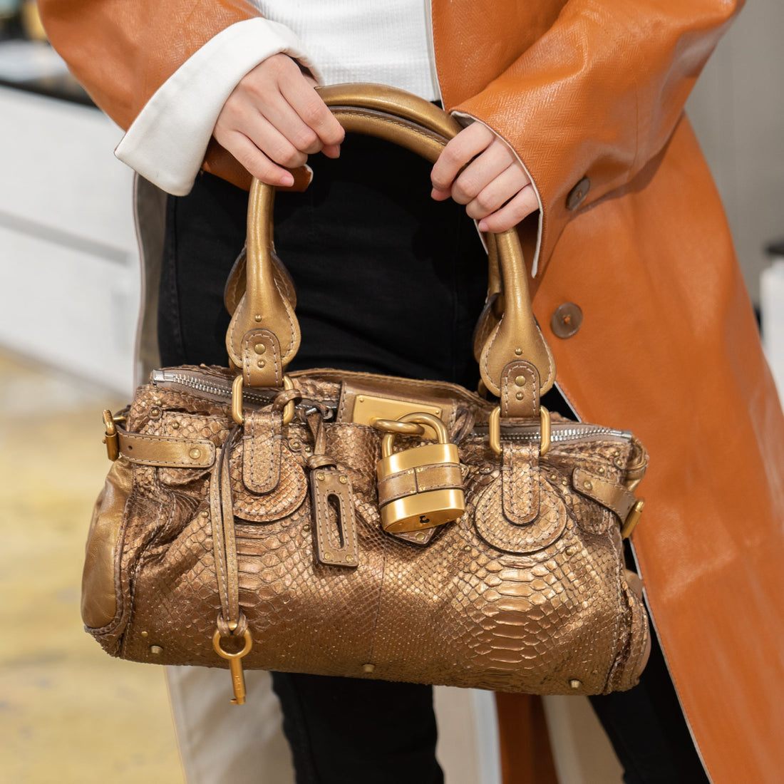 ChloÃÂ© Paddington Hobo Snake Metallic Bronze Brown Gold Python Skin Leather Shoulder Bag