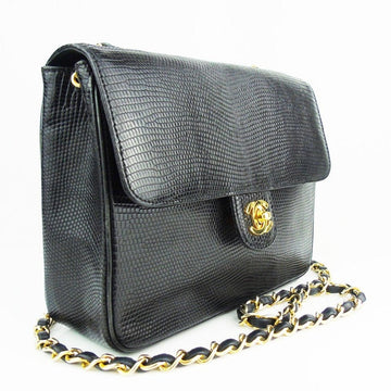 CHANEL black lizard exotic leather flap bag -