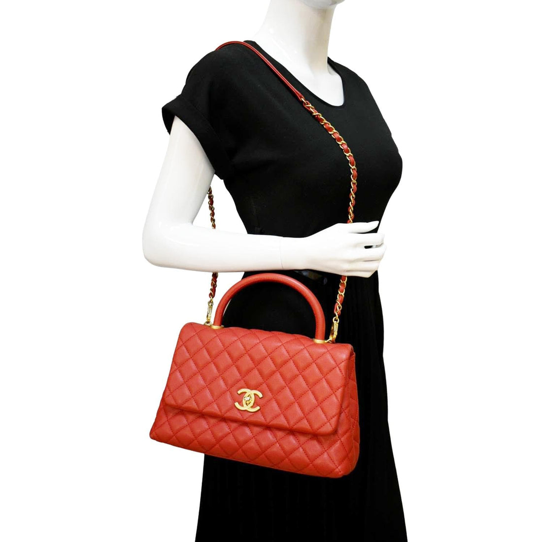 Pearl Street Bags Chanel Medium Coco Quilted Caviar Leather Top Handle Shoulder Bag Red