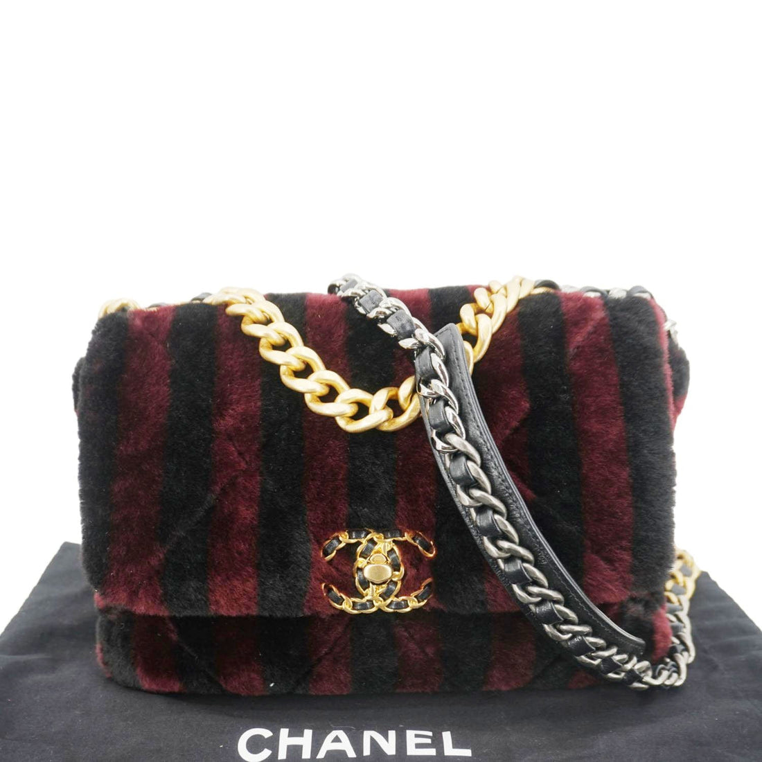 Pearl Street Bags Chanel 19 Flap Medium Striped Shearling Shoulder Bag Black