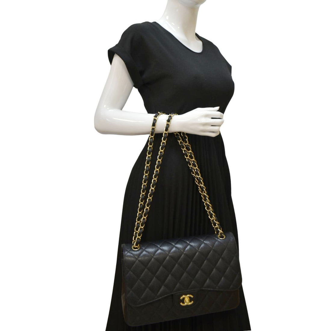 Pearl Street Bags Chanel Classic Jumbo Double Flap Quilted Caviar Leather Crossbody Bag Black