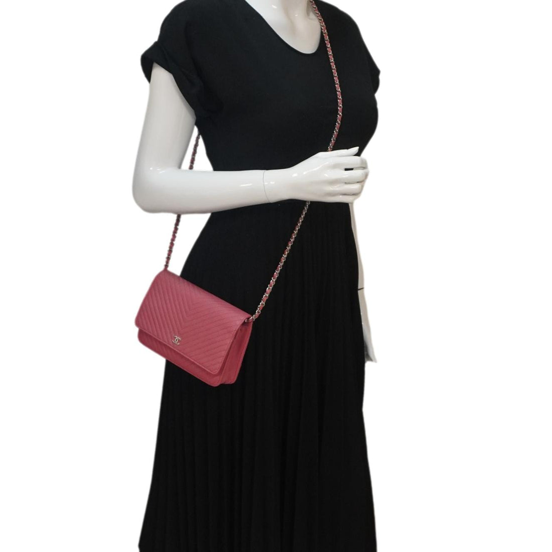 Chanel CC WOC Chevron Leather Wallet On Chain Crossbody Bag Pink