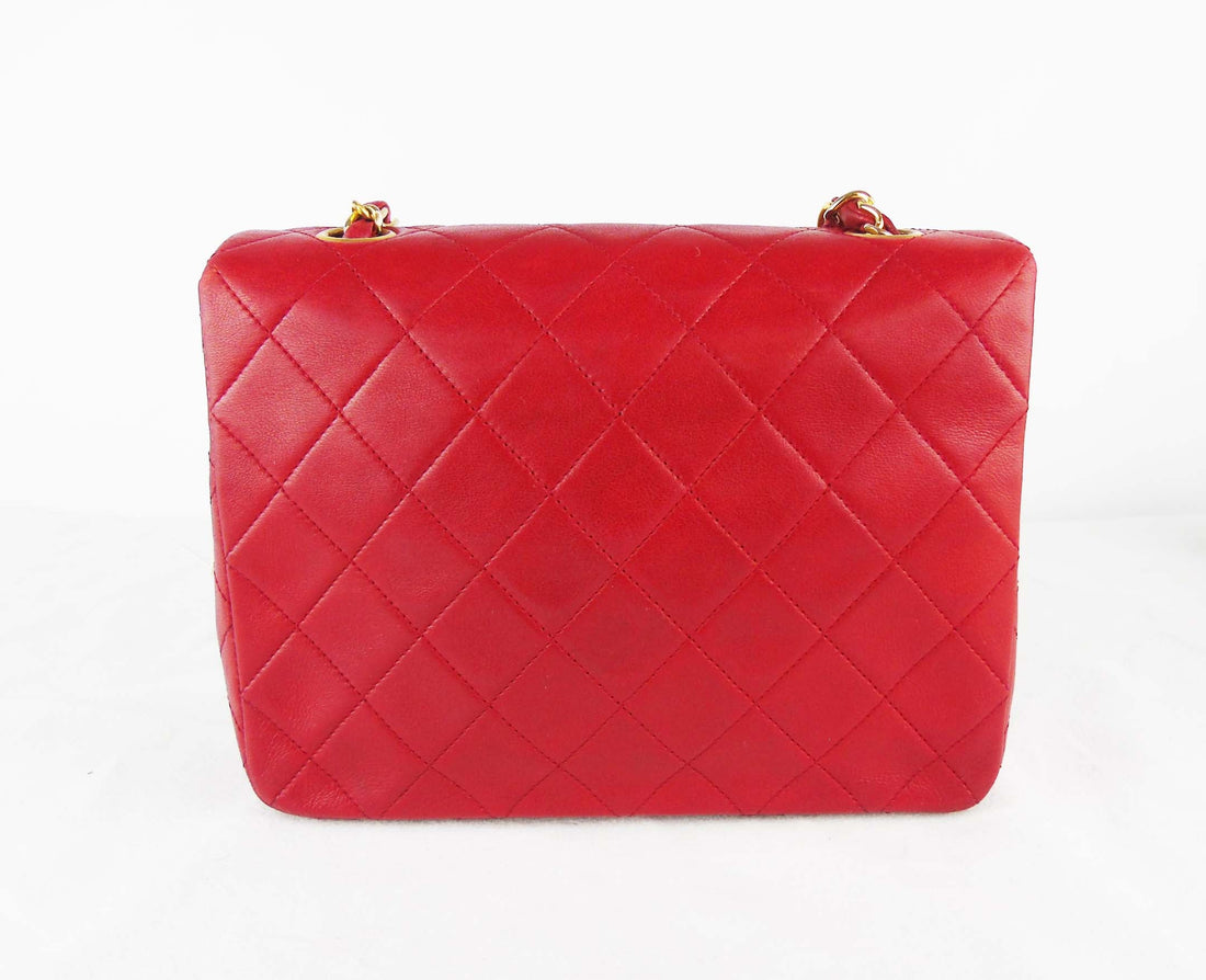 CHANEL red mini square lambskin flap bag ghw -