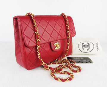 CHANEL red mini square lambskin flap bag ghw -