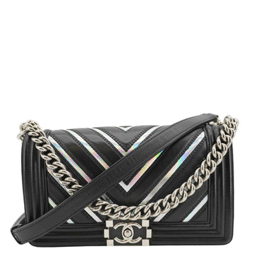 Pearl Street Bags Chanel Boy Flap Chevron Leather with Holographic PVC Crossbody Bag Black