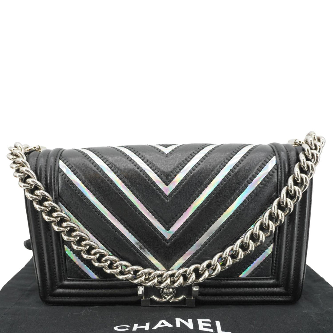 Pearl Street Bags Chanel Boy Flap Chevron Leather with Holographic PVC Crossbody Bag Black
