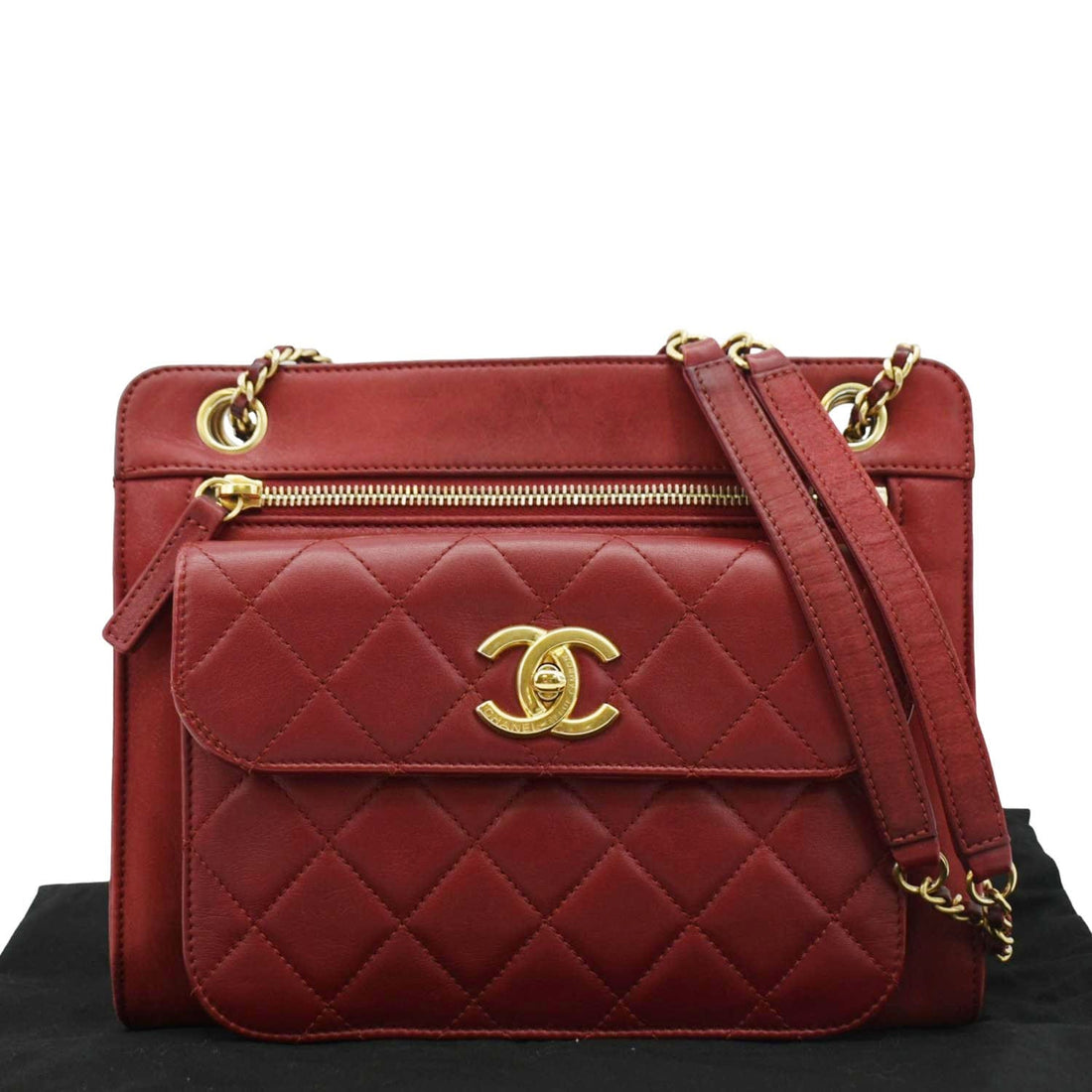 Pearl Street Bags Chanel Square Front Pocket Quilted Leather Chain Crossbody Bag Red