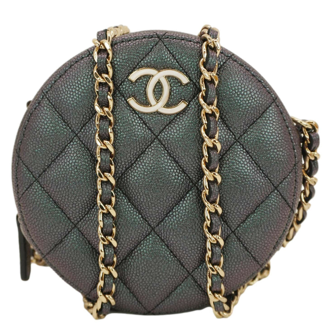 Pearl Street Bags Chanel Round Quilted Iridescent Caviar Leather Clutch Crossbody Bag Green