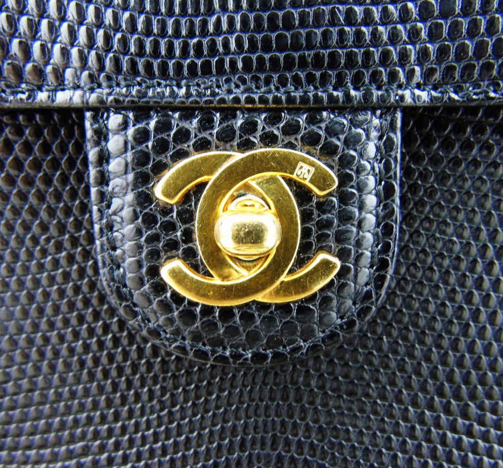 CHANEL black lizard exotic leather flap bag -