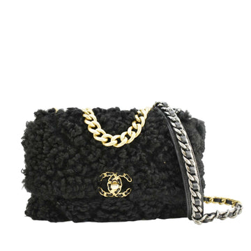 Pearl Street Bags Chanel Shearling 19 Flap Medium Sheepskin Shoulder Bag Black