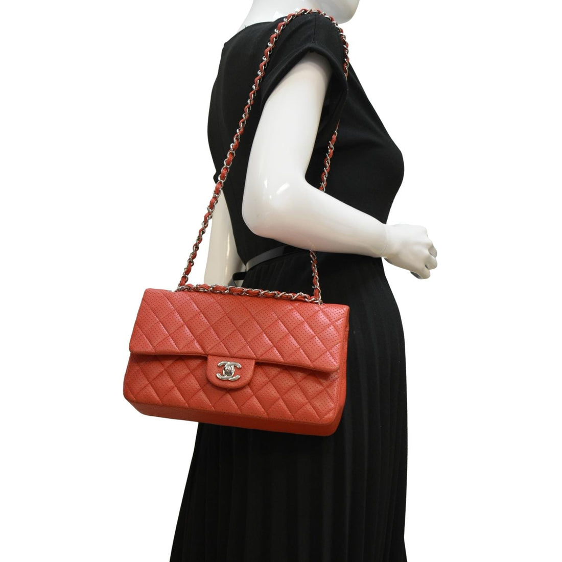 Pearl Street Bags Chanel Classic Medium Double Flap Quilted Perforated Leather Shoulder Bag Red