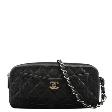 Chanel Front Pocket Quilted Caviar Leather Chain Shoulder Bag Black