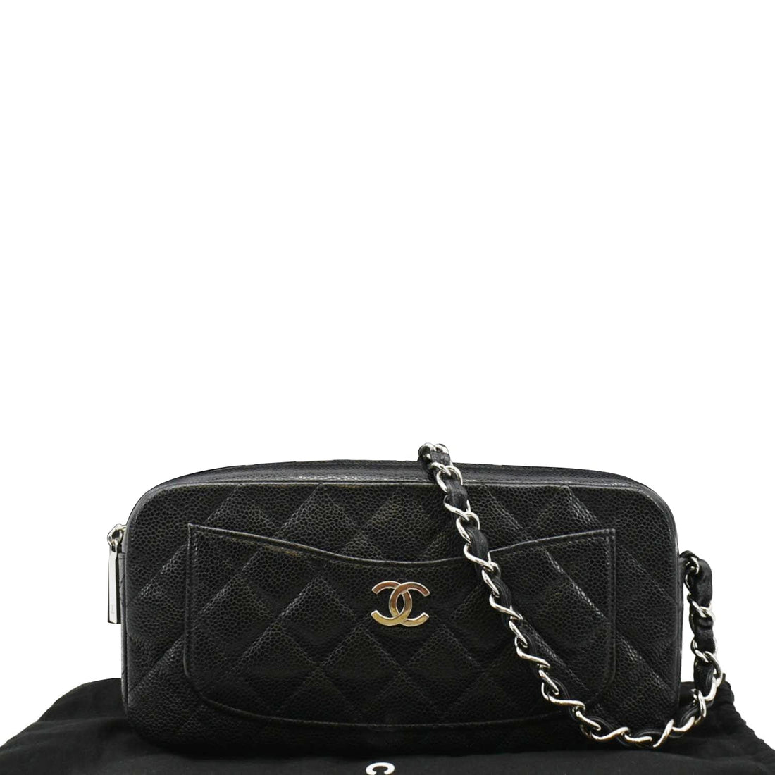 Chanel Front Pocket Quilted Caviar Leather Chain Shoulder Bag Black