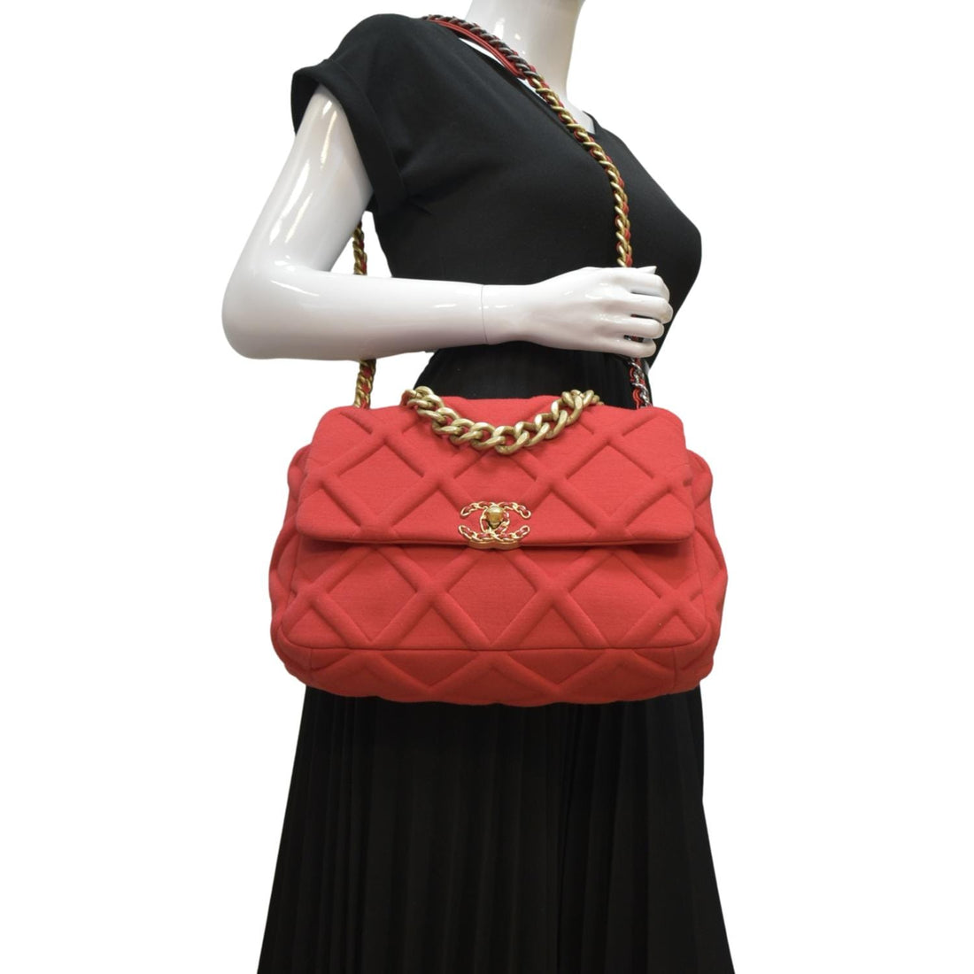 Pearl Street Bags Chanel 19 Flap Quitled Jersey Lambskin Shoulder Bag Red