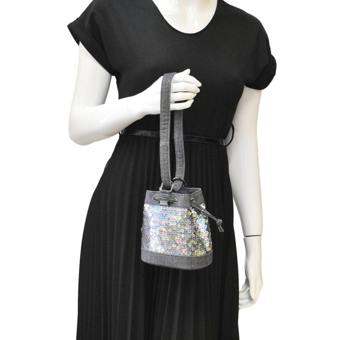 Pearl Street Bags Chanel Sequin Denim Small Drawstring Bucket Bag Blue