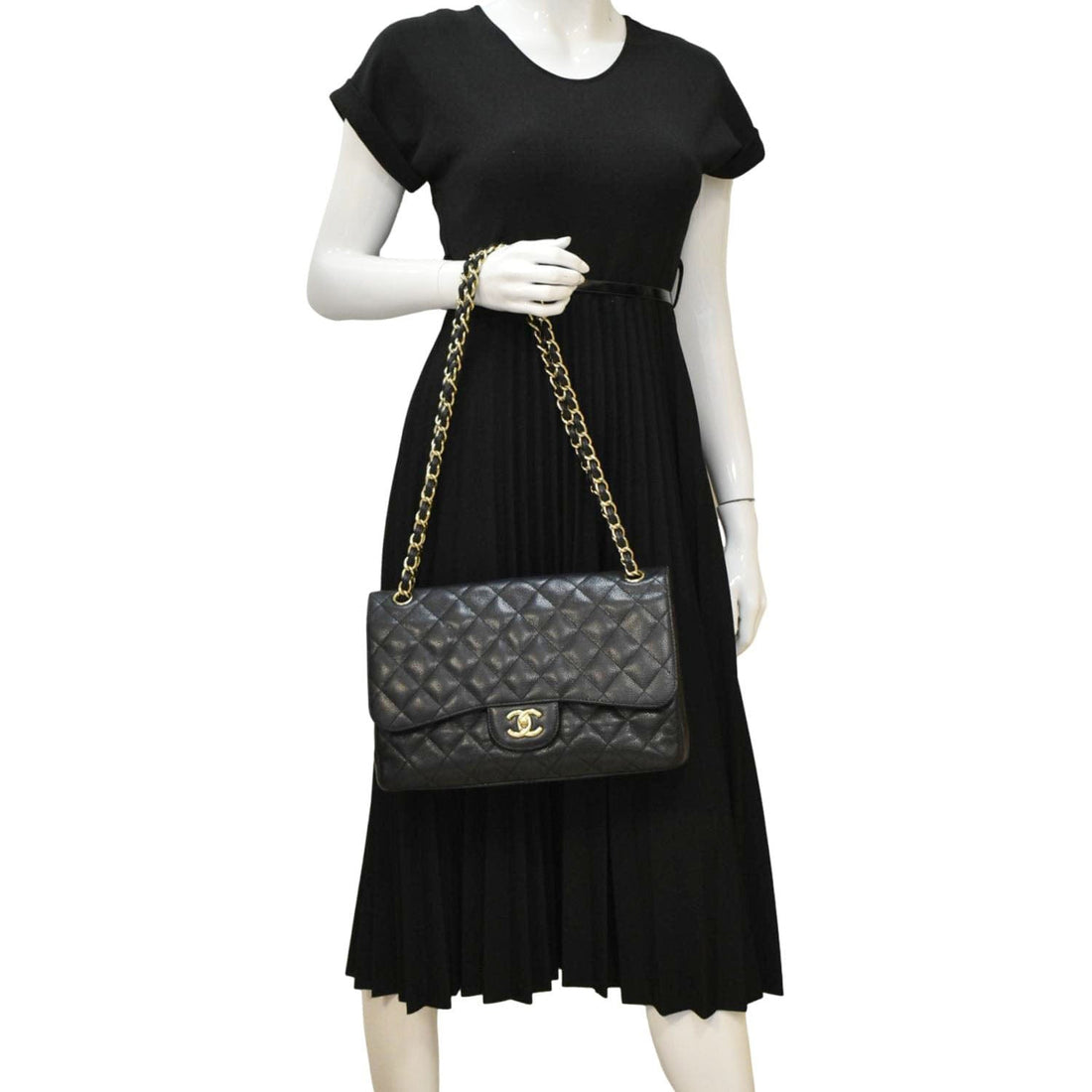 Pearl Street Bags Chanel Classic Jumbo Double Flap Quilted Caviar Leather Shoulder Bag Black