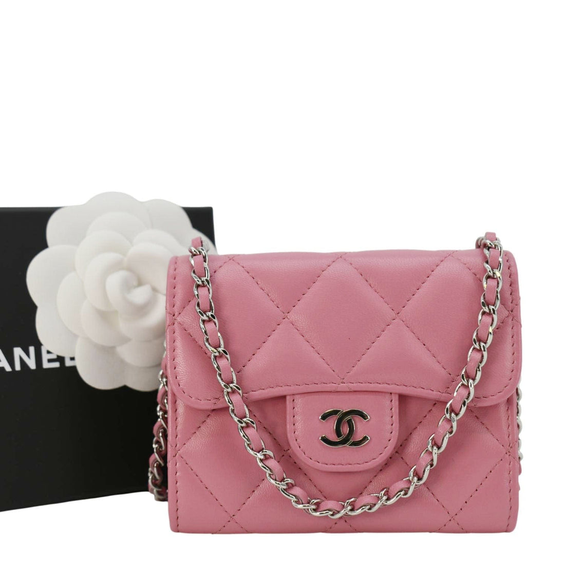 Pearl Street Bags Chanel Classic Mini Flap Quilted Lambskin Leather Card Holder On Chain Pink